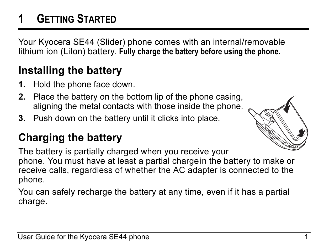 Installing the battery, Charging the battery | Kyocera Angel SE47 User Manual | Page 23 / 148