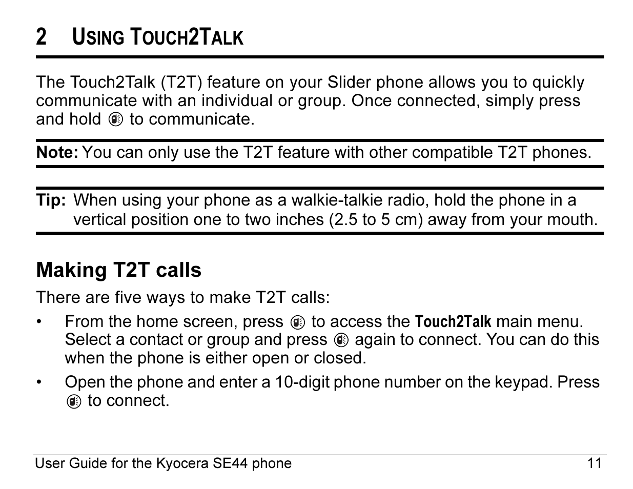 Making t2t calls | Kyocera Angel SE47 User Manual | Page 33 / 148