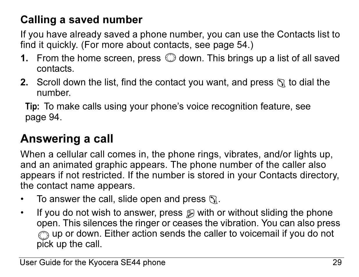 Answering a call | Kyocera Angel SE47 User Manual | Page 51 / 148