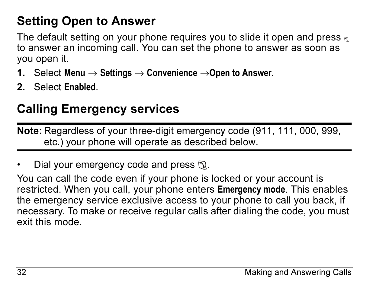 Setting open to answer, Calling emergency services | Kyocera Angel SE47 User Manual | Page 54 / 148
