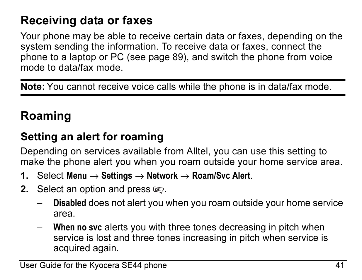 Receiving data or faxes, Roaming | Kyocera Angel SE47 User Manual | Page 63 / 148