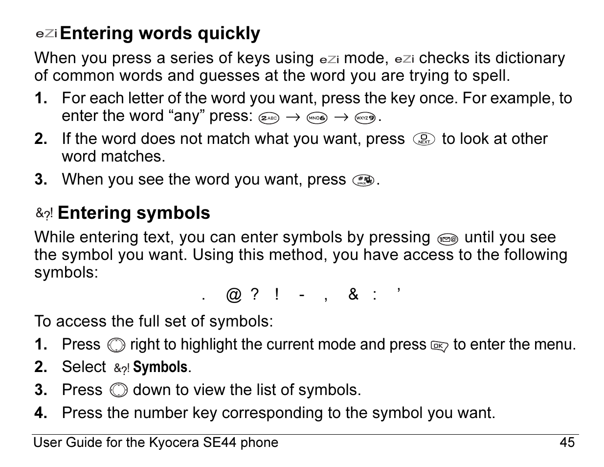 Entering words quickly, Entering symbols | Kyocera Angel SE47 User Manual | Page 67 / 148