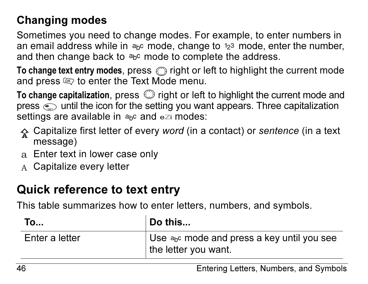 Quick reference to text entry | Kyocera Angel SE47 User Manual | Page 68 / 148