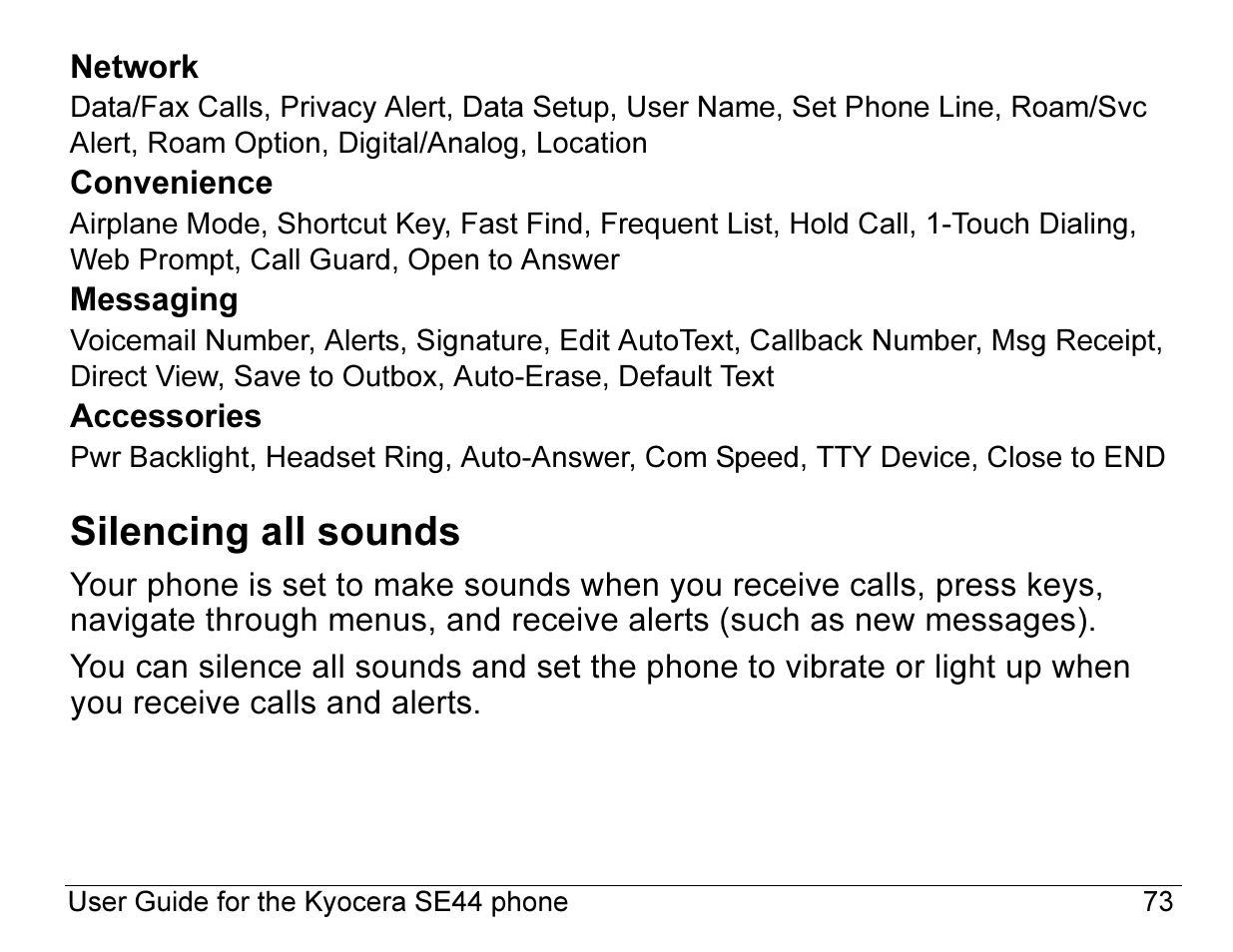 Silencing all sounds | Kyocera Angel SE47 User Manual | Page 95 / 148