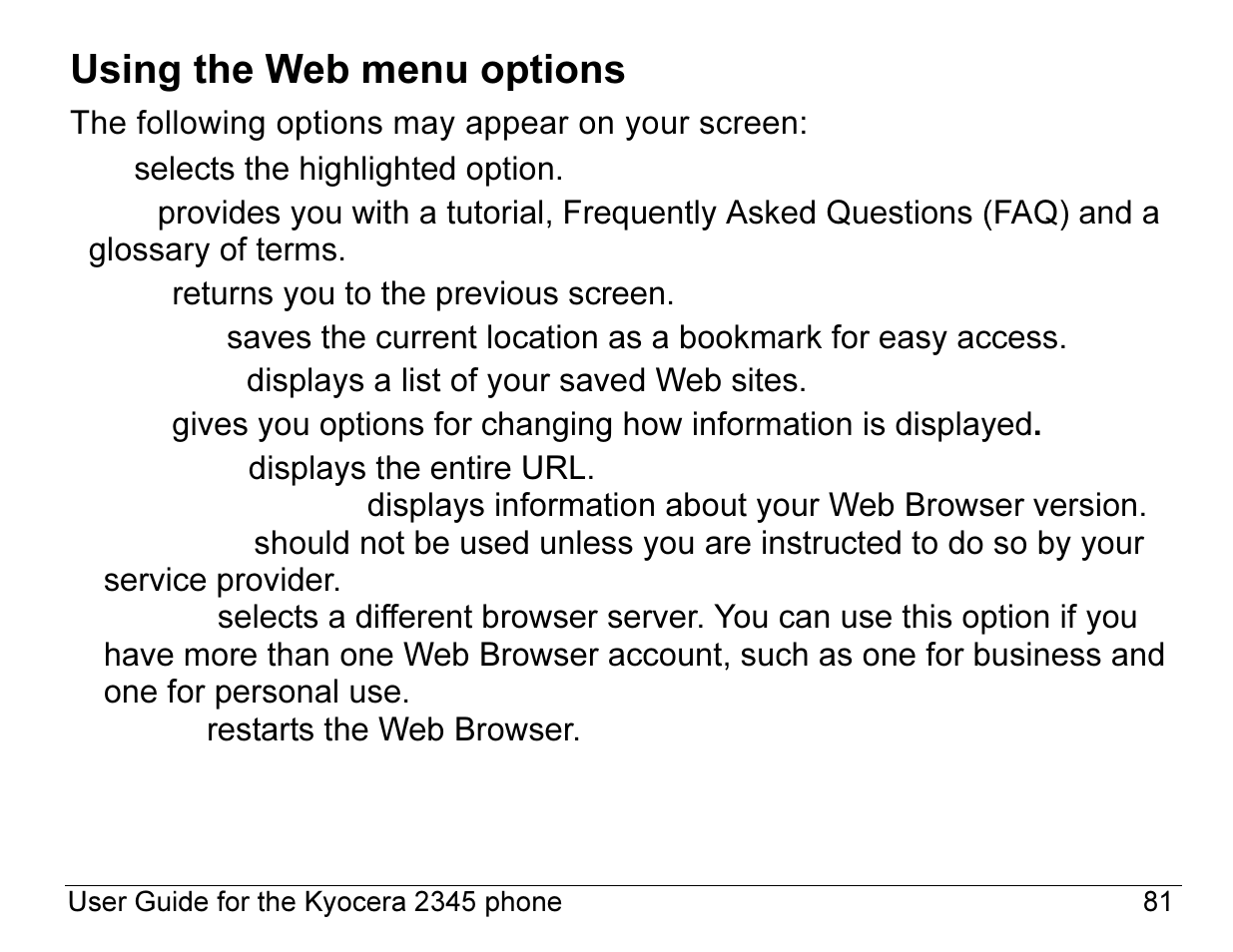 Using the web menu options | Kyocera 2345 User Manual | Page 101 / 120