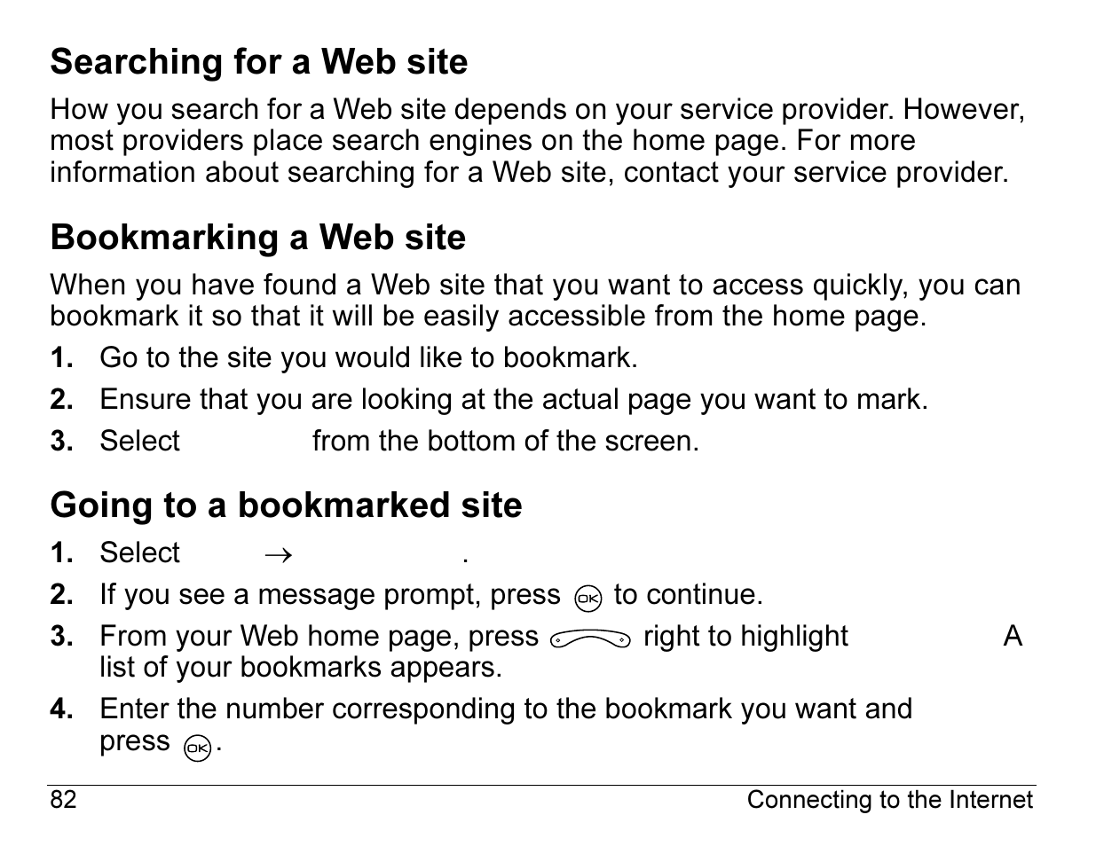 Searching for a web site, Bookmarking a web site, Going to a bookmarked site | Kyocera 2345 User Manual | Page 102 / 120