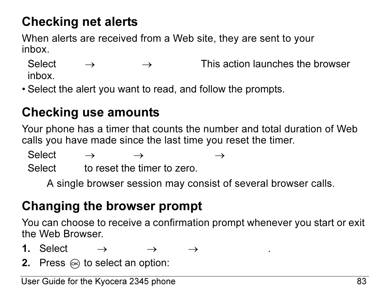Checking net alerts, Checking use amounts, Changing the browser prompt | Kyocera 2345 User Manual | Page 103 / 120