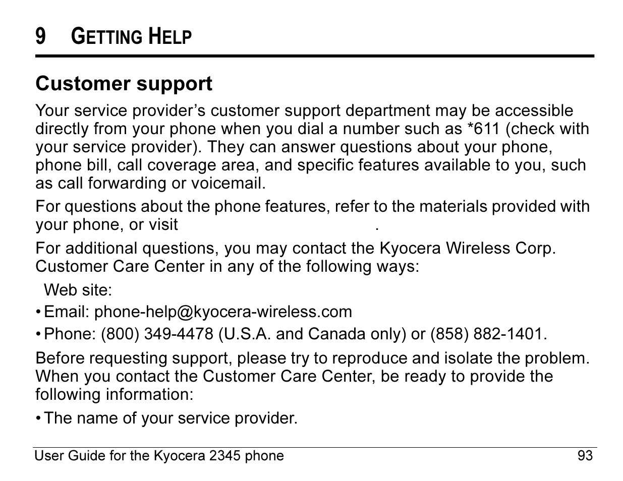 Customer support | Kyocera 2345 User Manual | Page 113 / 120