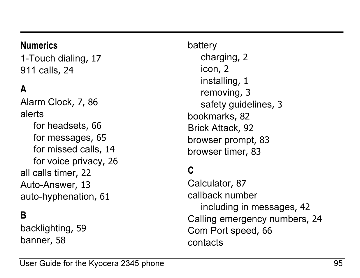 Ndex | Kyocera 2345 User Manual | Page 115 / 120