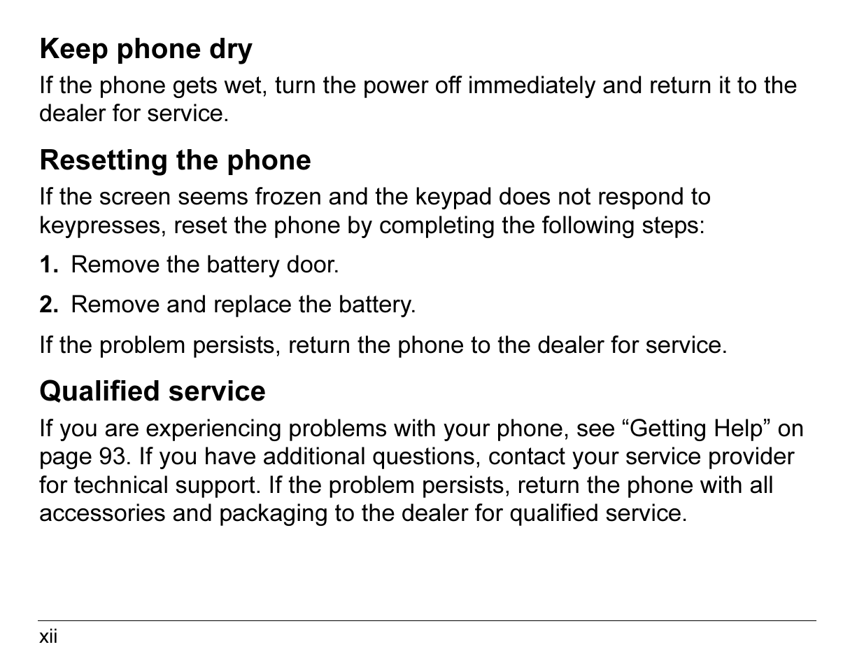 Keep phone dry, Resetting the phone, Qualified service | Kyocera 2345 User Manual | Page 12 / 120