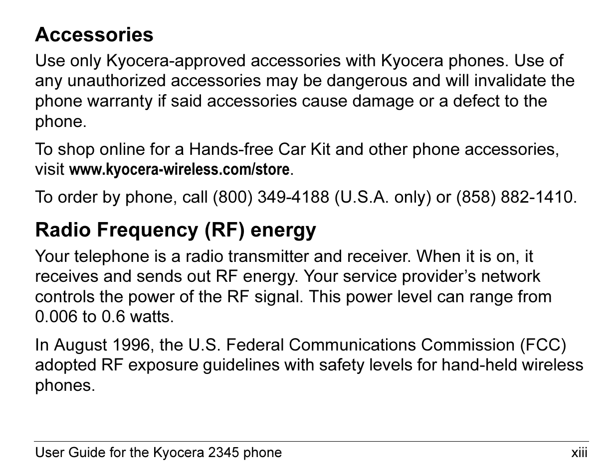 Accessories, Radio frequency (rf) energy | Kyocera 2345 User Manual | Page 13 / 120