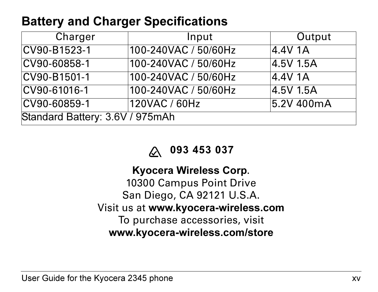 Battery and charger specifications | Kyocera 2345 User Manual | Page 15 / 120