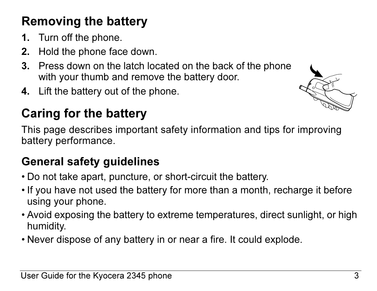 Removing the battery, Caring for the battery | Kyocera 2345 User Manual | Page 23 / 120