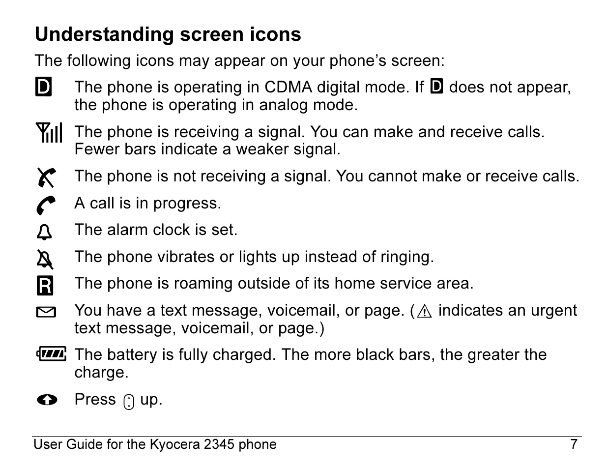 Understanding screen icons | Kyocera 2345 User Manual | Page 27 / 120
