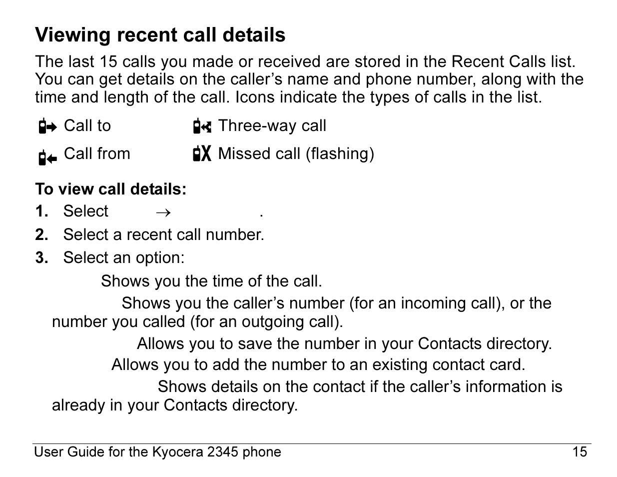 Viewing recent call details | Kyocera 2345 User Manual | Page 35 / 120