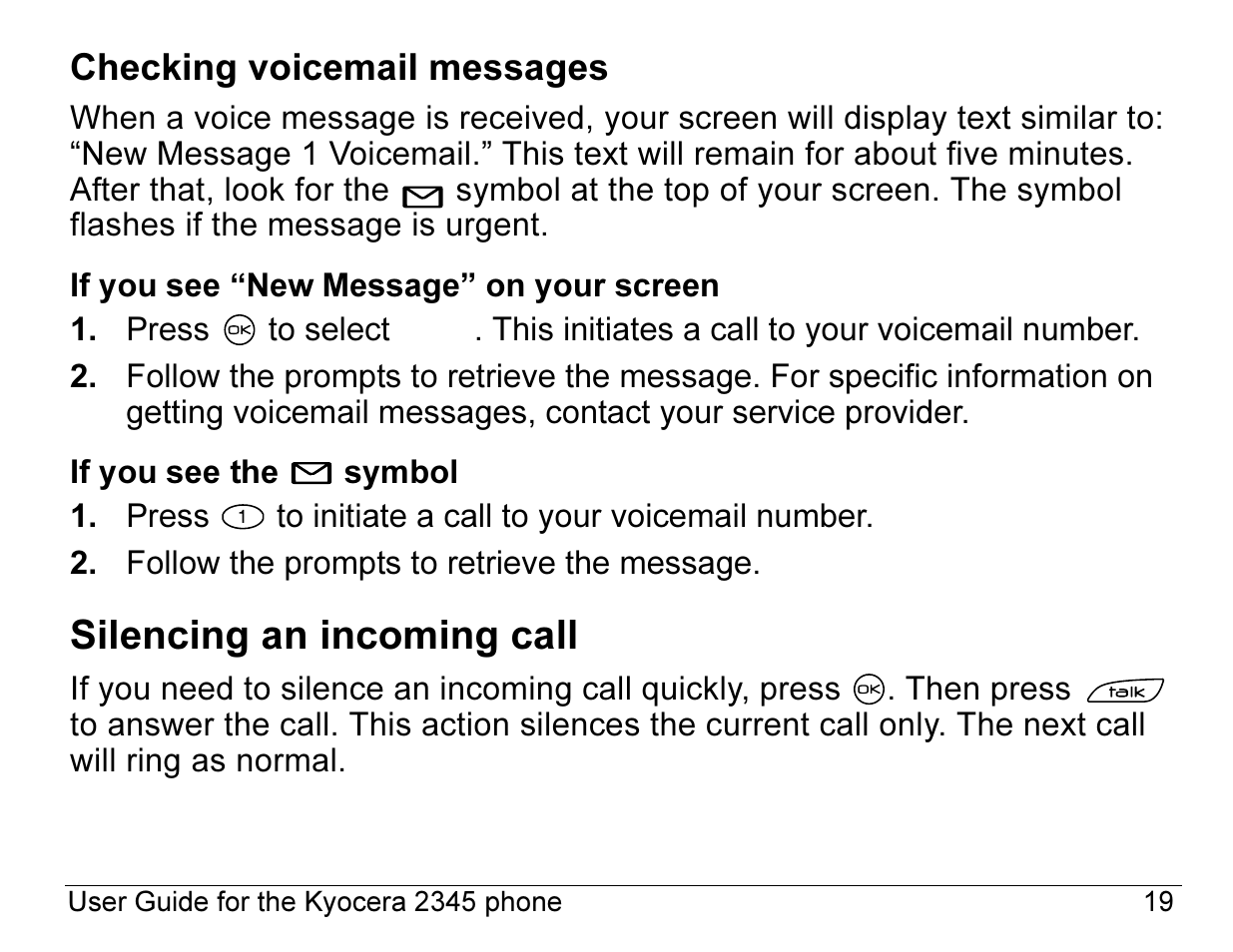 Silencing an incoming call | Kyocera 2345 User Manual | Page 39 / 120