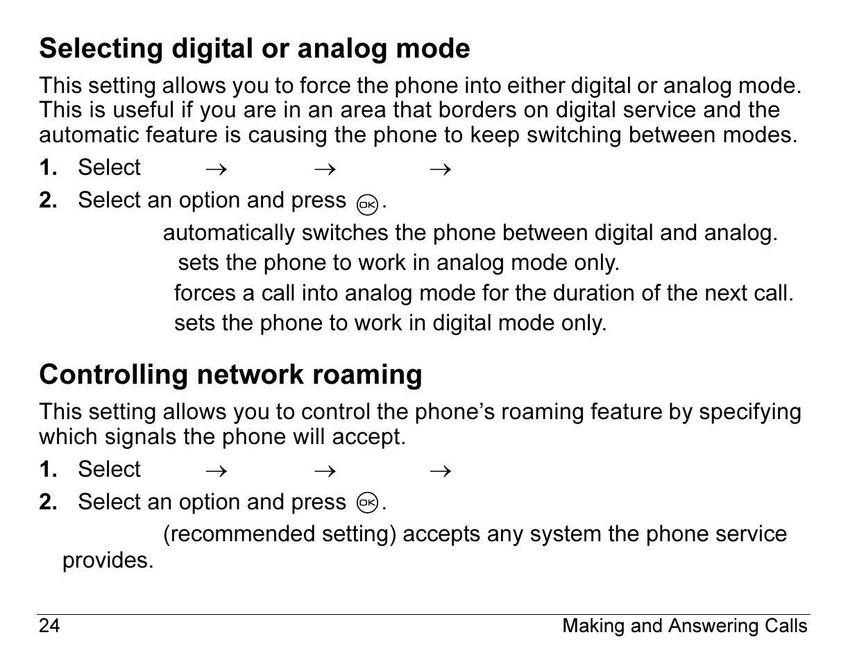 Selecting digital or analog mode, Controlling network roaming | Kyocera 2345 User Manual | Page 44 / 120