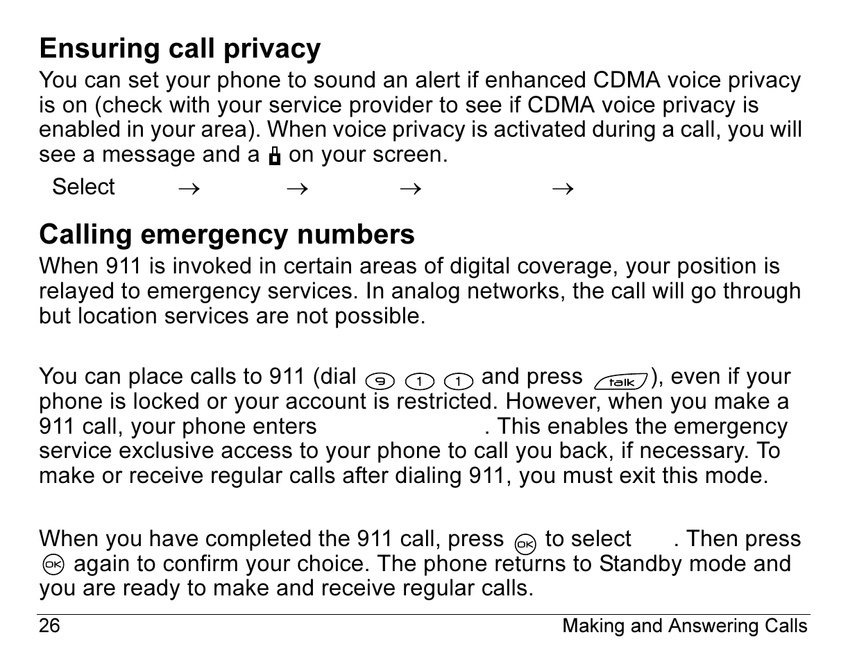 Ensuring call privacy, Calling emergency numbers | Kyocera 2345 User Manual | Page 46 / 120