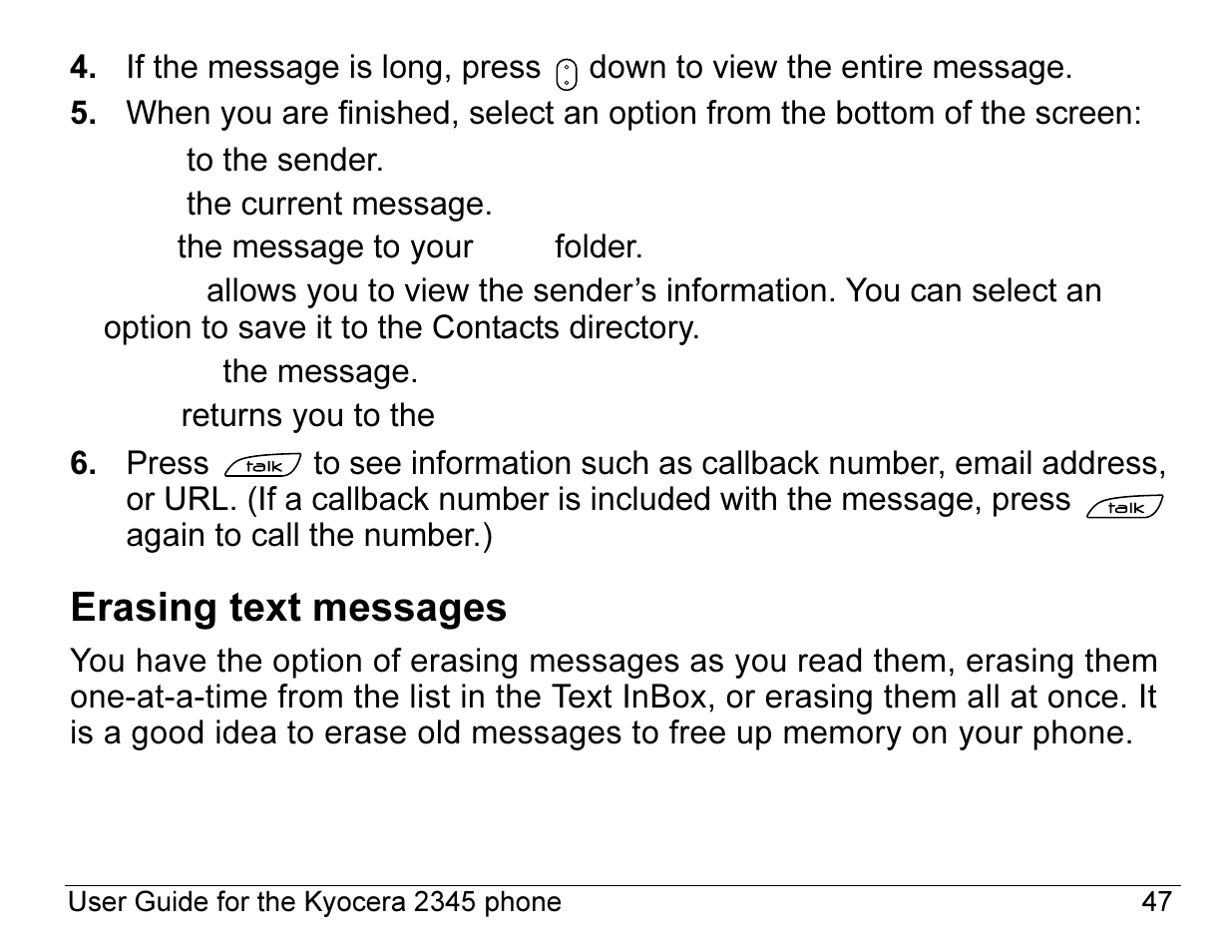Erasing text messages | Kyocera 2345 User Manual | Page 67 / 120