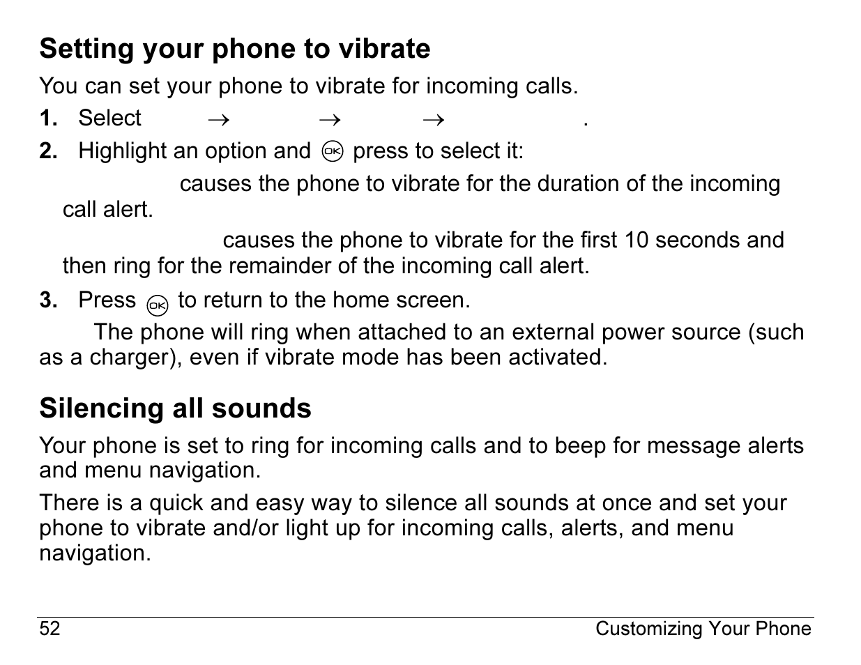 Setting your phone to vibrate, Silencing all sounds | Kyocera 2345 User Manual | Page 72 / 120