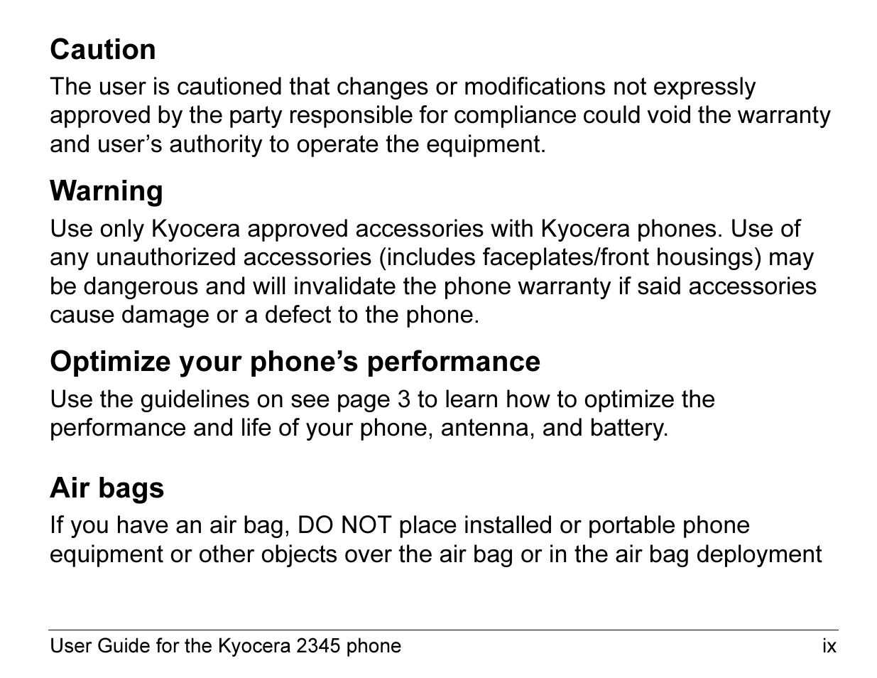 Caution, Warning, Optimize your phone’s performance | Air bags | Kyocera 2345 User Manual | Page 9 / 120