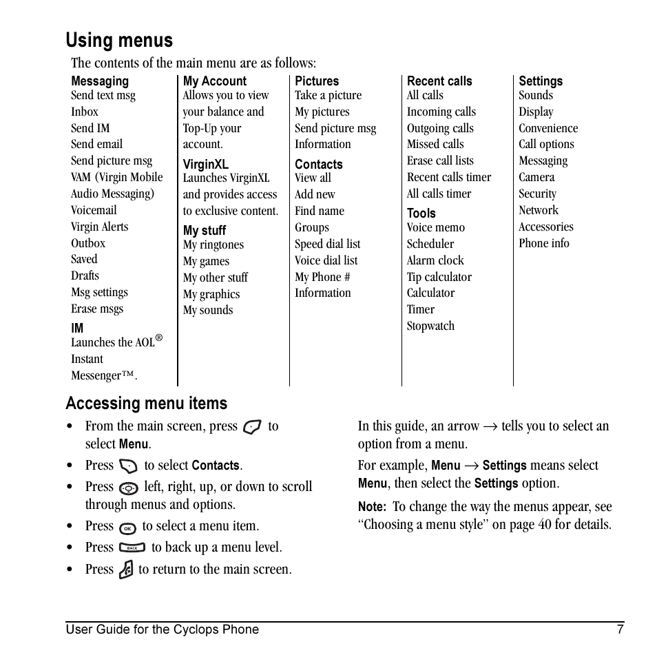 Using menus, Accessing menu items | Kyocera Cyclops K325 User Manual | Page 15 / 68