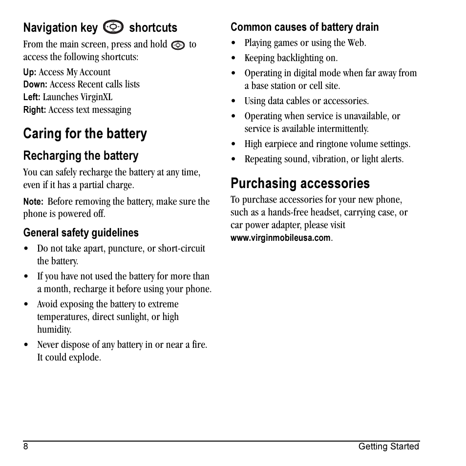 Caring for the battery, Purchasing accessories, Navigation key shortcuts | Recharging the battery | Kyocera Cyclops K325 User Manual | Page 16 / 68