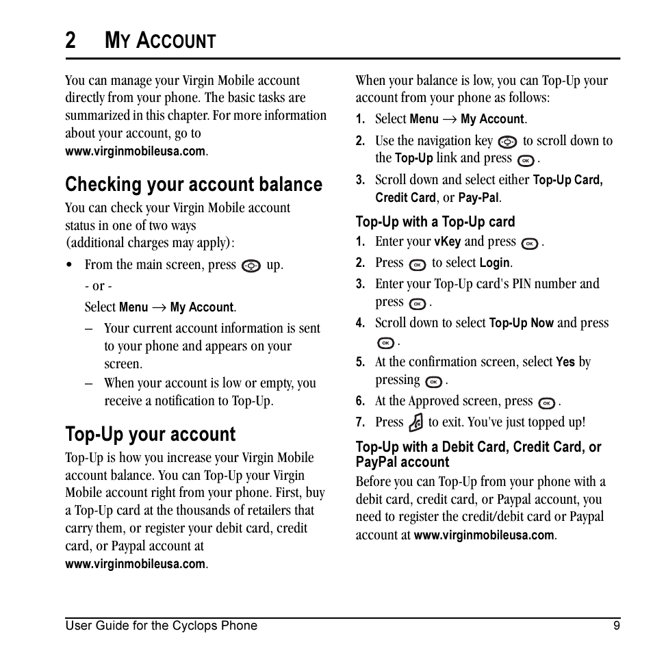 Checking your account balance, Top-up your account, Ccount | Kyocera Cyclops K325 User Manual | Page 17 / 68