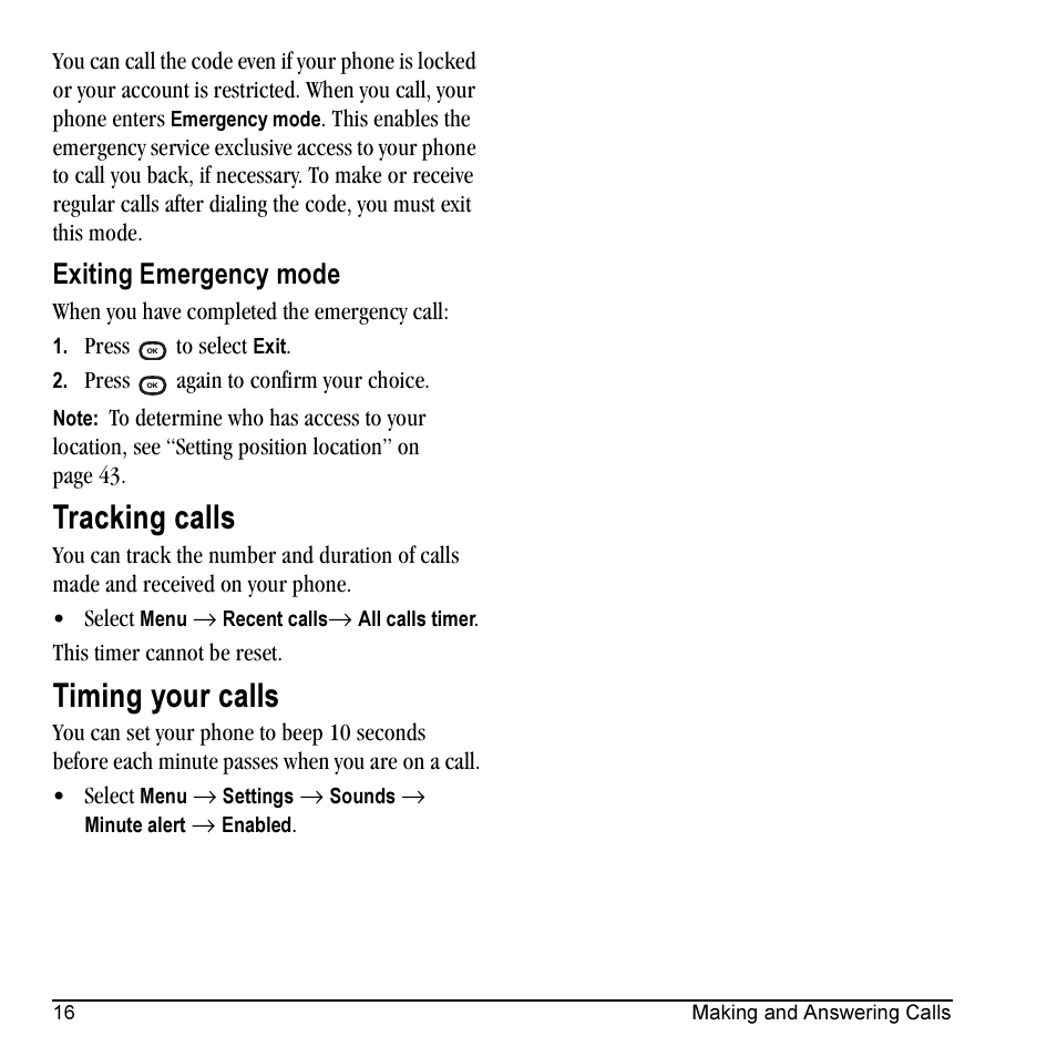 Tracking calls, Timing your calls, Exiting emergency mode | Kyocera Cyclops K325 User Manual | Page 24 / 68