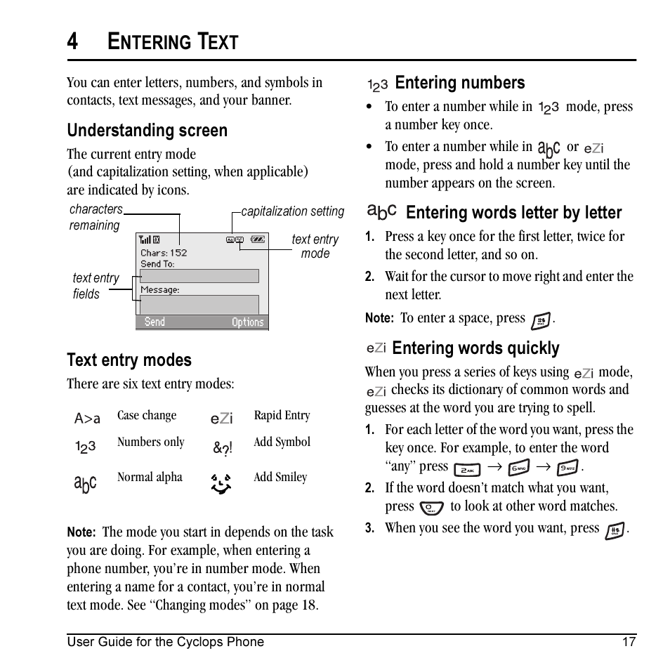 Ntering, Understanding screen, Text entry modes | Entering numbers, Entering words letter by letter, Entering words quickly | Kyocera Cyclops K325 User Manual | Page 25 / 68