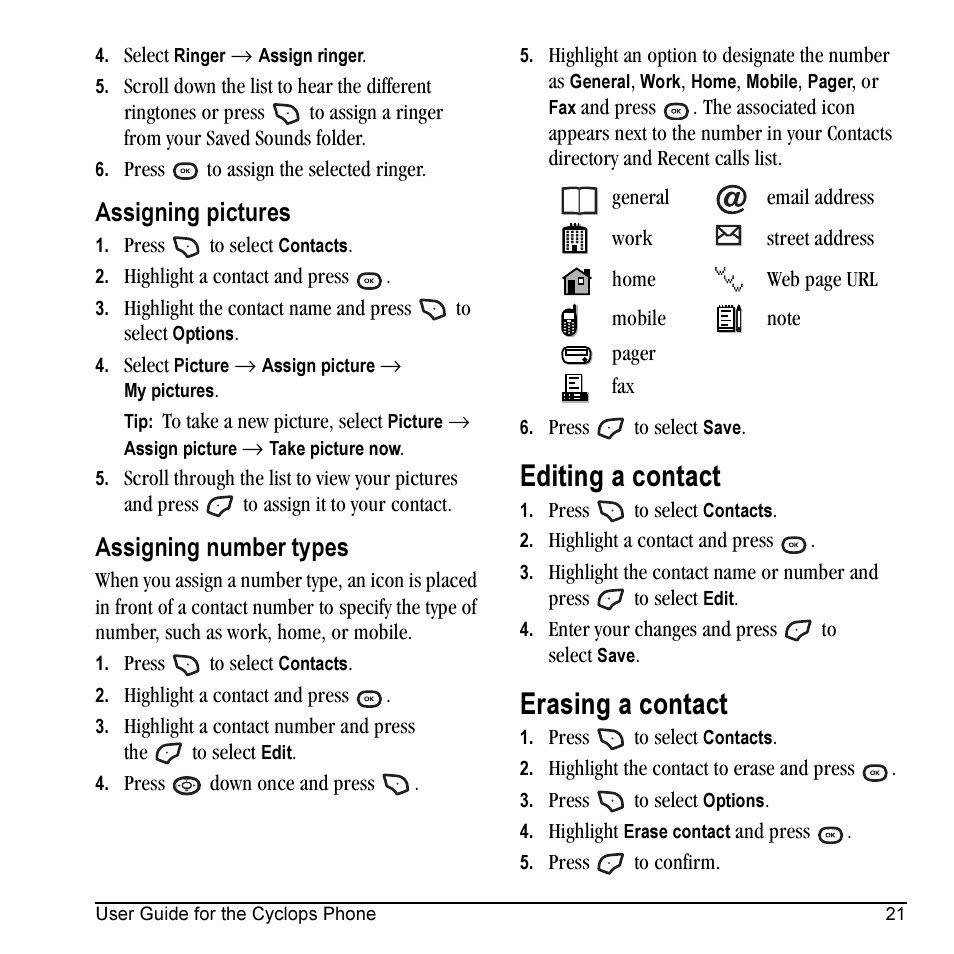 Editing a contact, Erasing a contact, Assigning pictures | Assigning number types | Kyocera Cyclops K325 User Manual | Page 29 / 68