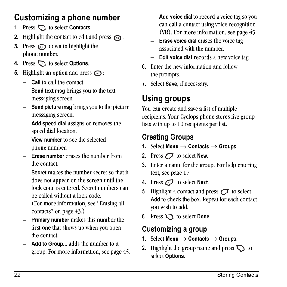 Customizing a phone number, Using groups, Creating groups | Customizing a group | Kyocera Cyclops K325 User Manual | Page 30 / 68
