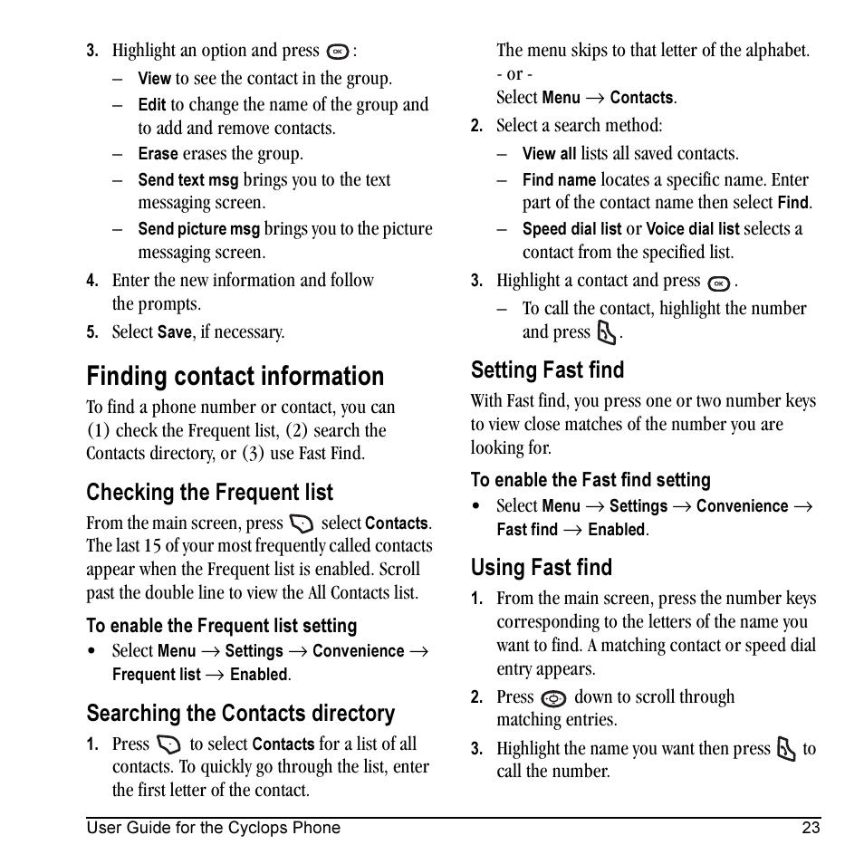 Finding contact information, Checking the frequent list, Searching the contacts directory | Setting fast find, Using fast find | Kyocera Cyclops K325 User Manual | Page 31 / 68