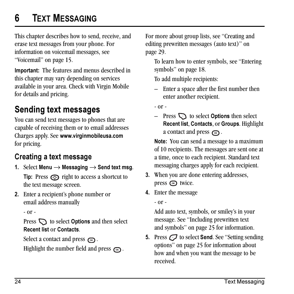 Sending text messages, Essaging, Creating a text message | Kyocera Cyclops K325 User Manual | Page 32 / 68