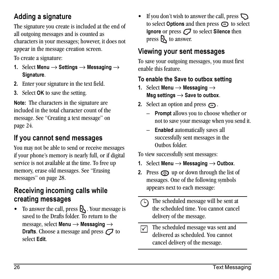 Adding a signature, If you cannot send messages, Receiving incoming calls while creating messages | Viewing your sent messages | Kyocera Cyclops K325 User Manual | Page 34 / 68