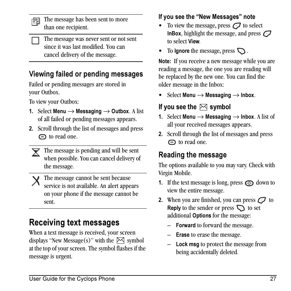 Receiving text messages, Viewing failed or pending messages, Reading the message | Kyocera Cyclops K325 User Manual | Page 35 / 68