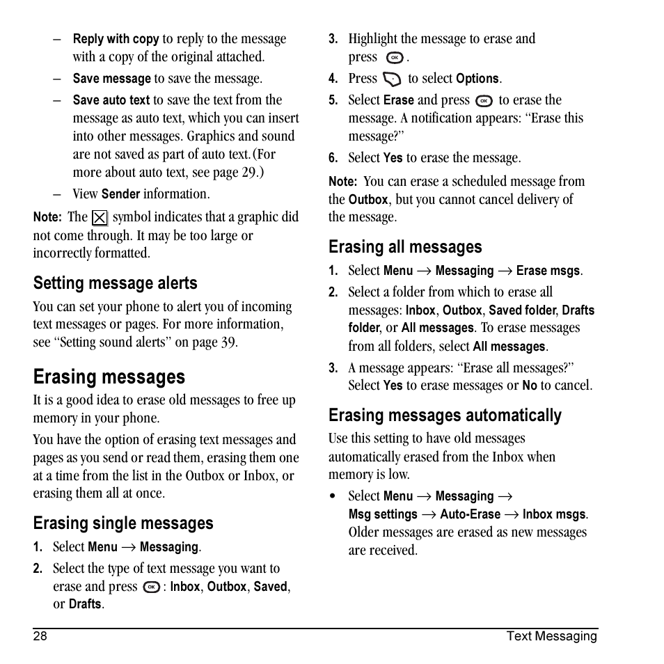 Erasing messages, Setting message alerts, Erasing single messages | Erasing all messages, Erasing messages automatically | Kyocera Cyclops K325 User Manual | Page 36 / 68