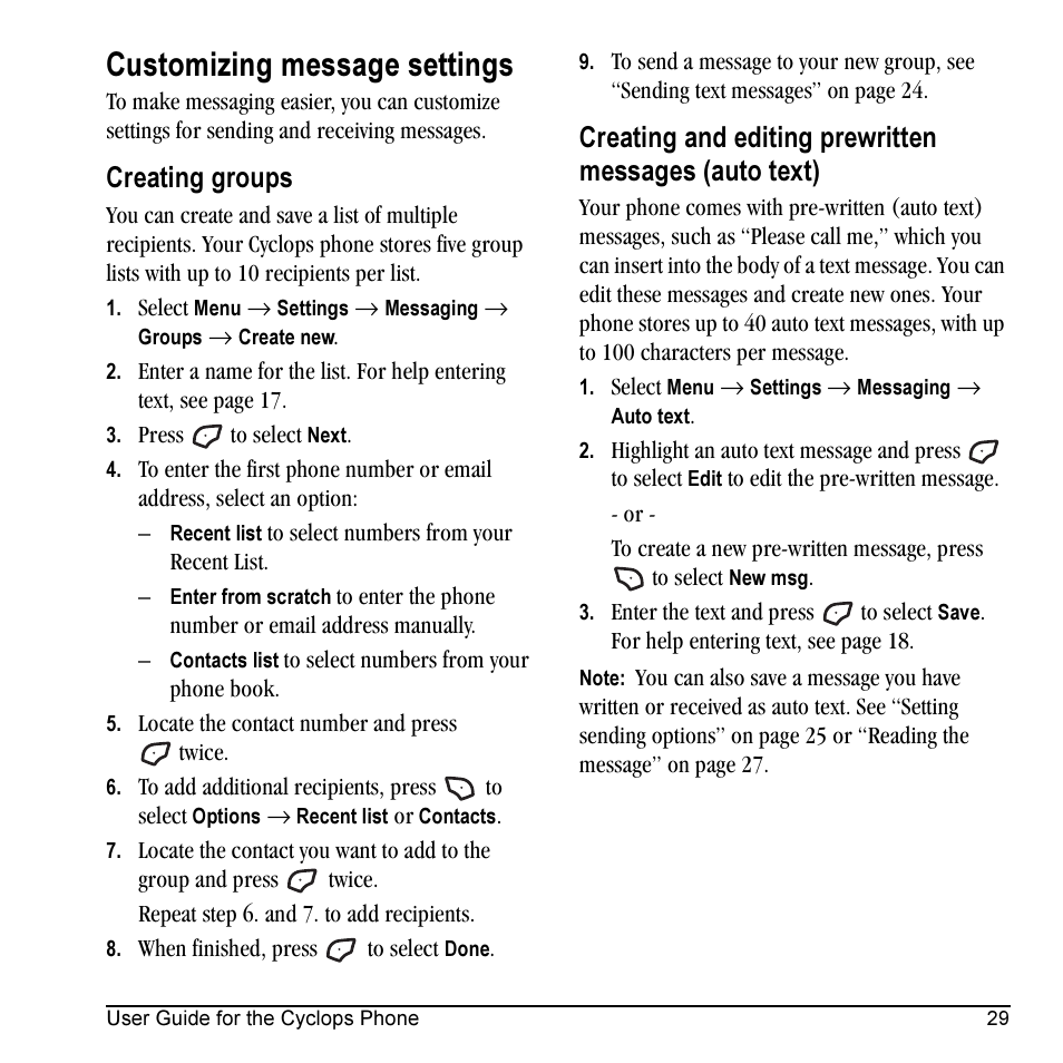 Customizing message settings, Creating groups | Kyocera Cyclops K325 User Manual | Page 37 / 68