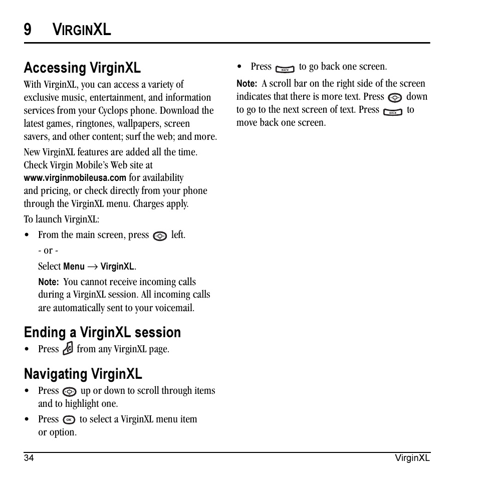 Accessing virginxl, Ending a virginxl session, Navigating virginxl | Irgin | Kyocera Cyclops K325 User Manual | Page 42 / 68