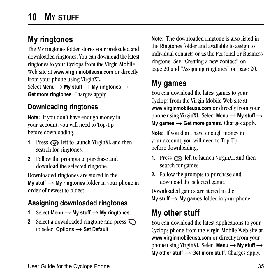 10 m, My ringtones, My games | My other stuff, Stuff, Downloading ringtones, Assigning downloaded ringtones | Kyocera Cyclops K325 User Manual | Page 43 / 68