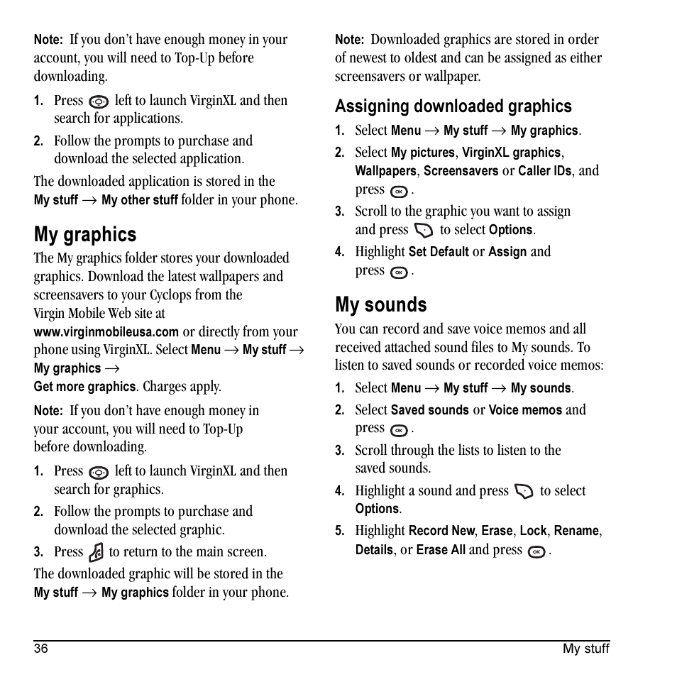 My graphics, My sounds, Assigning downloaded graphics | Kyocera Cyclops K325 User Manual | Page 44 / 68