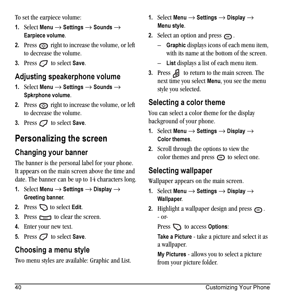 Personalizing the screen, Adjusting speakerphone volume, Changing your banner | Choosing a menu style, Selecting a color theme, Selecting wallpaper | Kyocera Cyclops K325 User Manual | Page 48 / 68