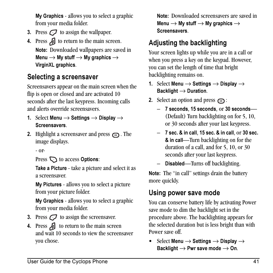 Selecting a screensaver, Adjusting the backlighting, Using power save mode | Kyocera Cyclops K325 User Manual | Page 49 / 68
