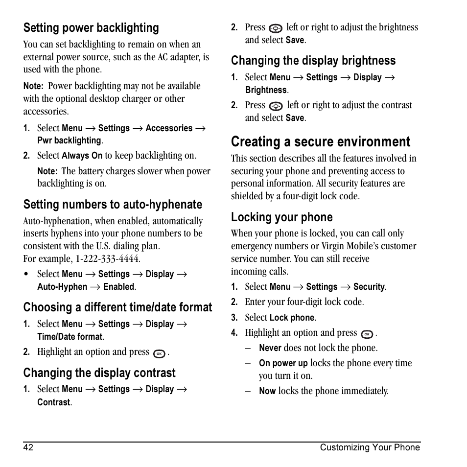 Creating a secure environment, Setting power backlighting, Setting numbers to auto-hyphenate | Choosing a different time/date format, Changing the display contrast, Changing the display brightness, Locking your phone | Kyocera Cyclops K325 User Manual | Page 50 / 68