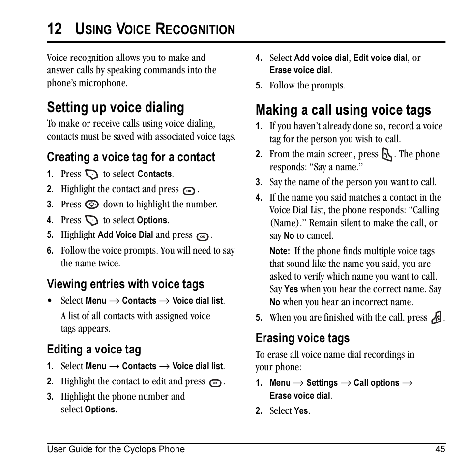 12 u, Setting up voice dialing, Making a call using voice tags | Sing, Oice, Ecognition, Creating a voice tag for a contact, Viewing entries with voice tags, Editing a voice tag, Erasing voice tags | Kyocera Cyclops K325 User Manual | Page 53 / 68