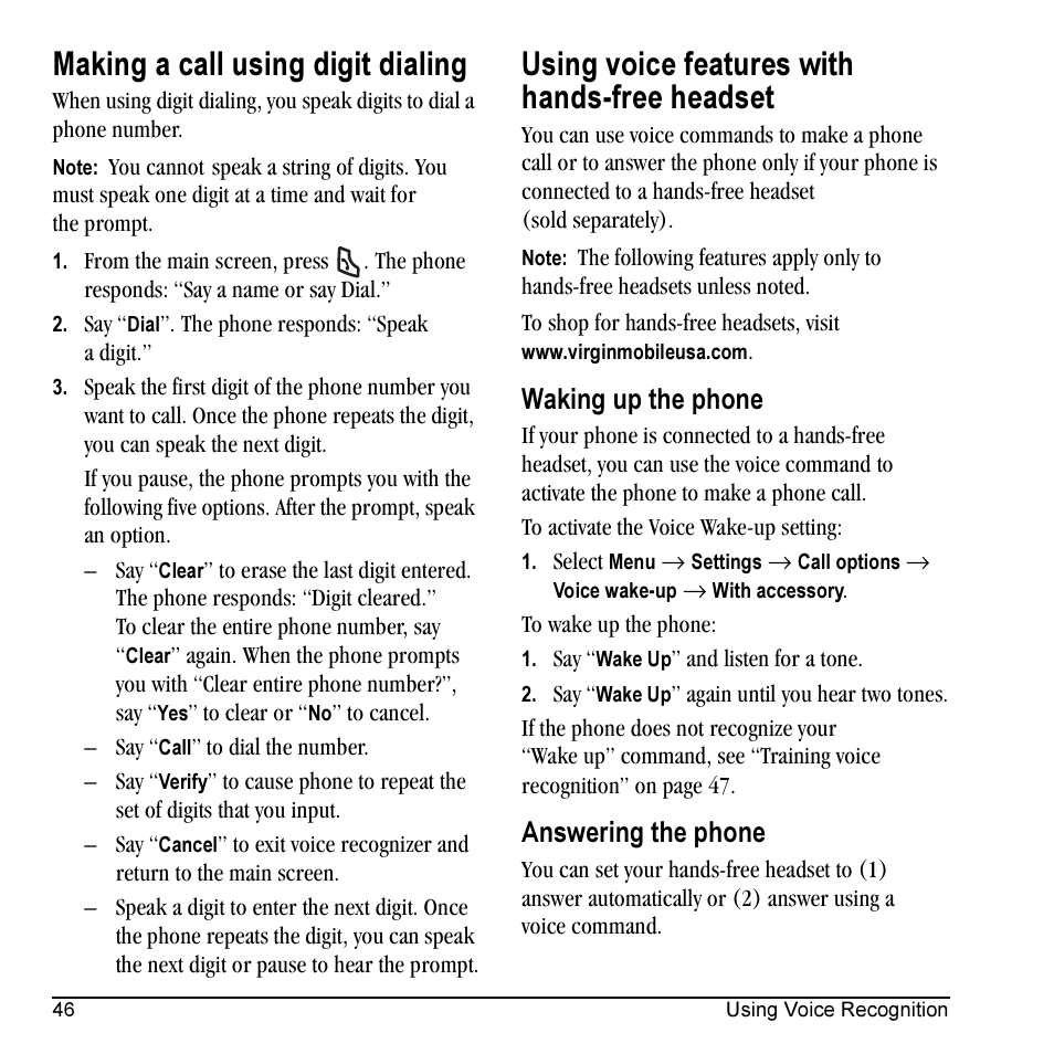 Making a call using digit dialing, Using voice features with hands-free headset, Waking up the phone | Answering the phone | Kyocera Cyclops K325 User Manual | Page 54 / 68