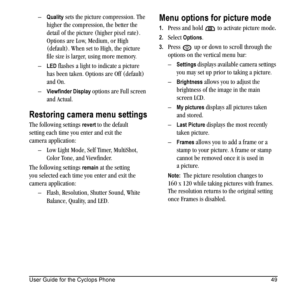 Restoring camera menu settings, Menu options for picture mode | Kyocera Cyclops K325 User Manual | Page 57 / 68