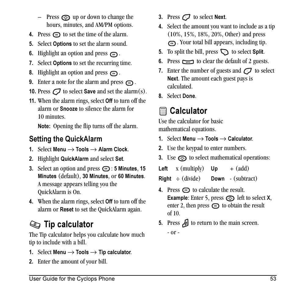 Tip calculator, Calculator, Setting the quickalarm | Kyocera Cyclops K325 User Manual | Page 61 / 68