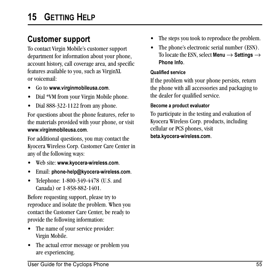 15 g, Customer support, Etting | Kyocera Cyclops K325 User Manual | Page 63 / 68