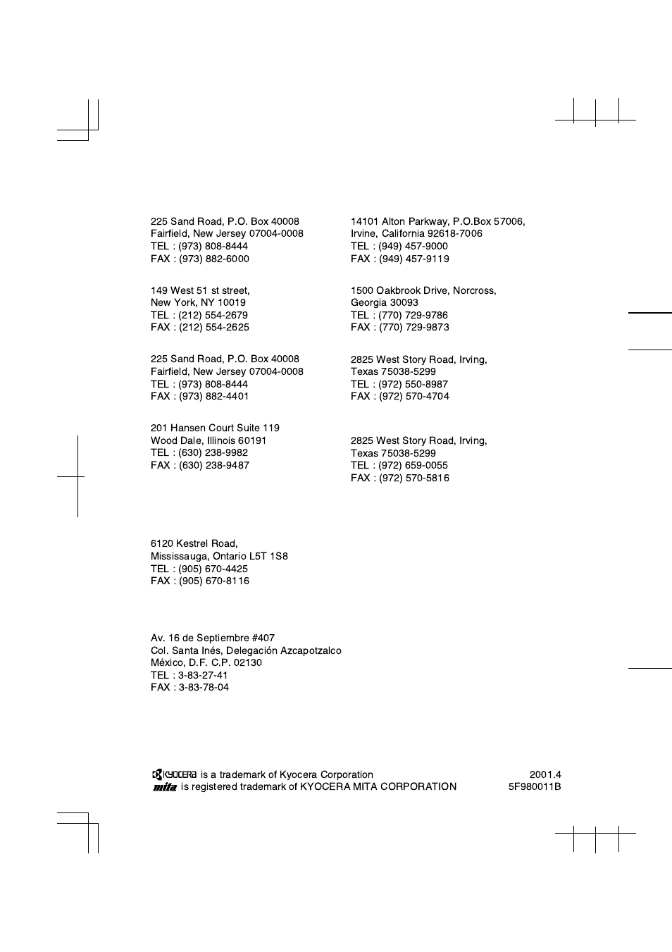 Kyocera mita america, inc, Kyocera mita canada, ltd, Kyocera mita mexico, s.a. de c.v | Kyocera KM-C1530 User Manual | Page 280 / 280